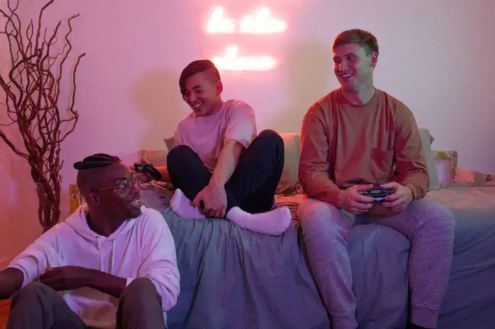 Friends laughing and playing games together