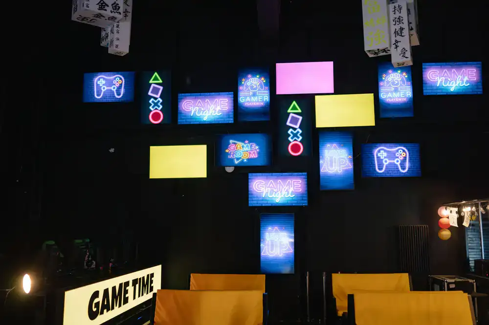 Vibrant gaming lounge with neon lights