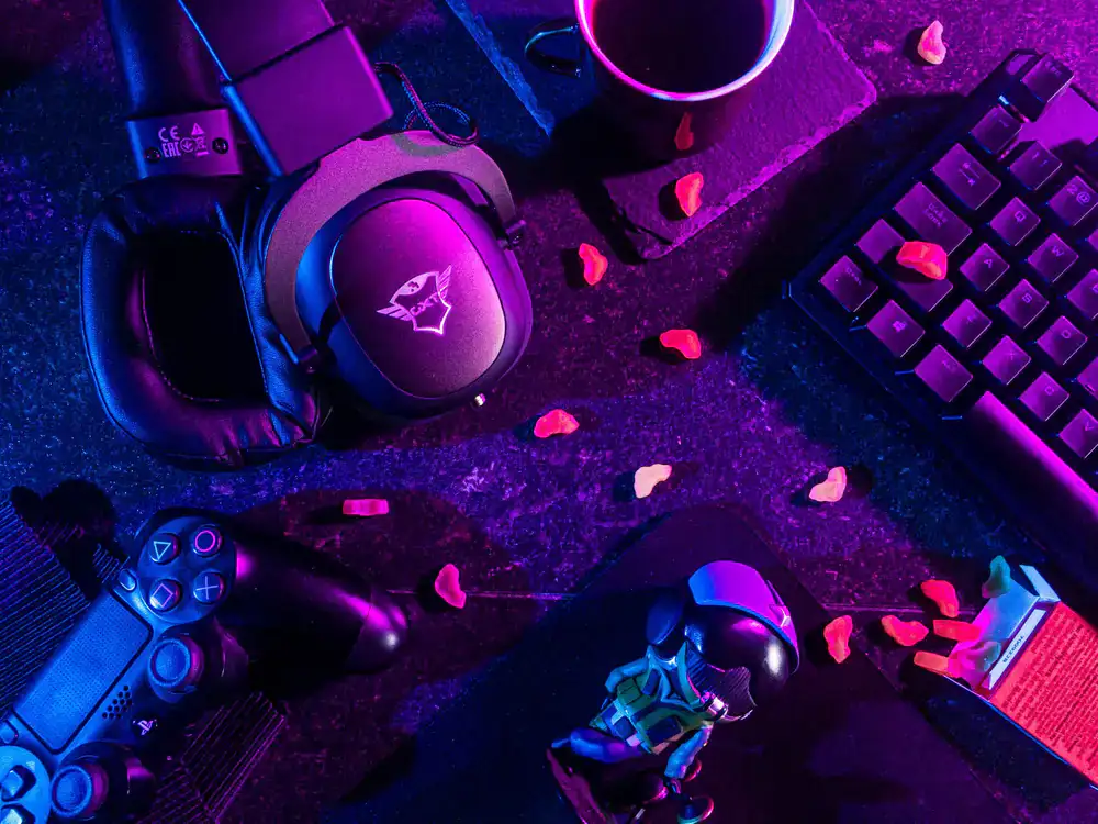 Premium gaming headset resting on a console